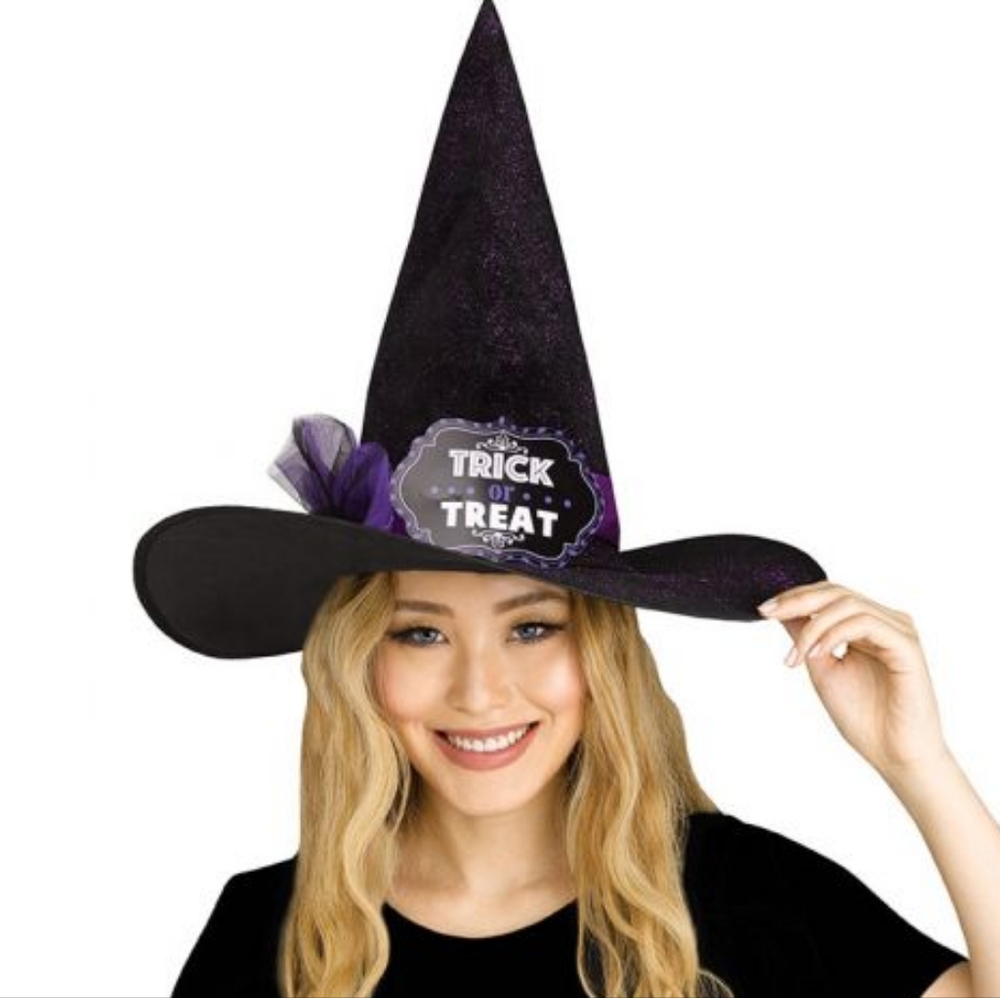 Purple And Black "Trick Or Treat" Halloween Costume Accessory Witches Hat